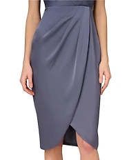 Aidan Mattox Satin V-Neck Dolman Short Sleeve Pleated Tulip Hem Dress