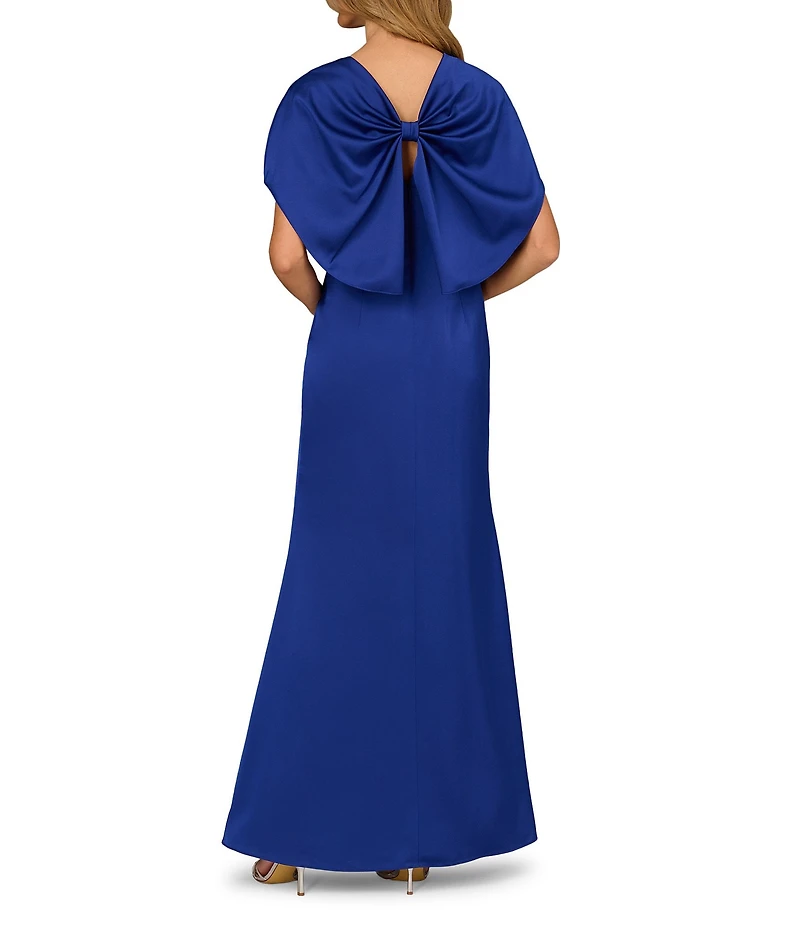 Aidan Mattox Satin V-Neck Short Sleeve Bow Back A-Line Gown