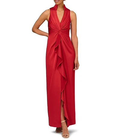 Aidan Mattox Satin V-Neck Twist Front with Cascading Ruffle Gown