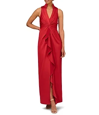 Aidan Mattox Satin V-Neck Twist Front with Cascading Ruffle Gown
