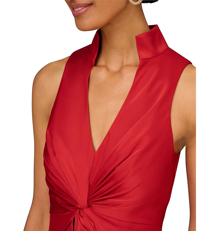 Aidan Mattox Satin V-Neck Twist Front with Cascading Ruffle Gown