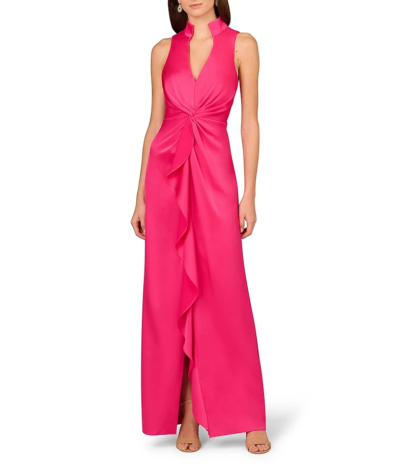 Aidan Mattox Satin V-Neck Twist Front with Cascading Ruffle Gown