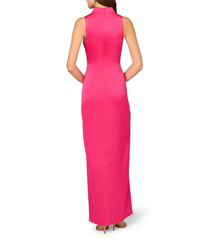 Aidan Mattox Satin V-Neck Twist Front with Cascading Ruffle Gown