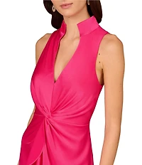 Aidan Mattox Satin V-Neck Twist Front with Cascading Ruffle Gown