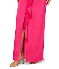 Aidan Mattox Satin V-Neck Twist Front with Cascading Ruffle Gown
