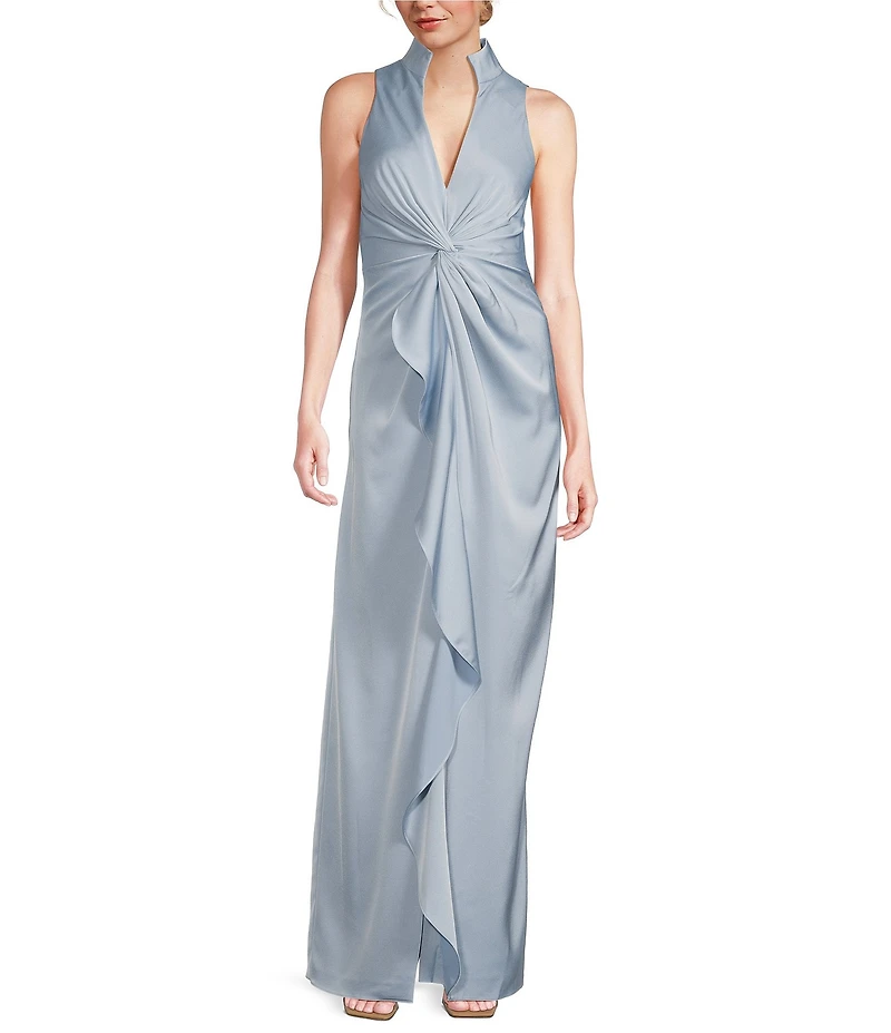 Aidan Mattox Satin V-Neck Twist Front with Cascading Ruffle Gown