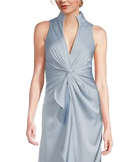 Aidan Mattox Satin V-Neck Twist Front with Cascading Ruffle Gown
