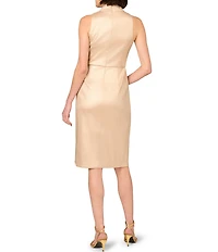 Aidan Mattox Split V-Neck Sleeveless Foiled Mikado Sheath Dress