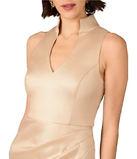Aidan Mattox Split V-Neck Sleeveless Foiled Mikado Sheath Dress