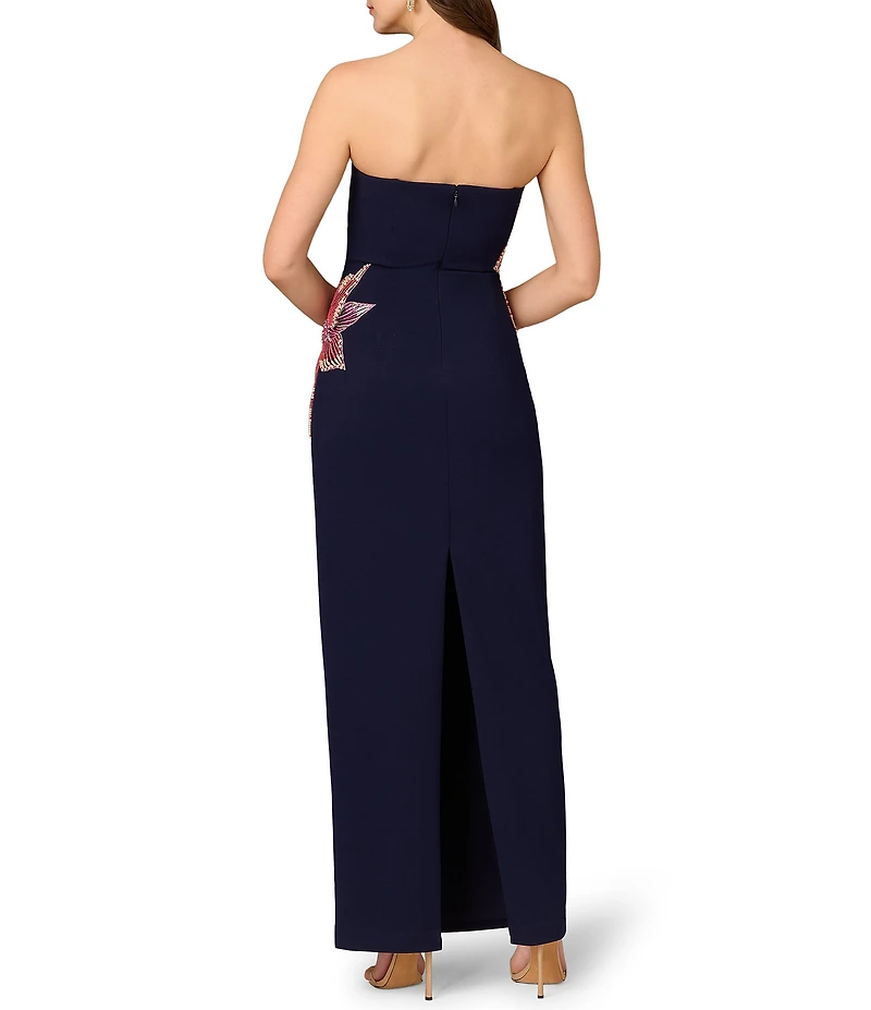 Aidan Mattox Strapless Beaded Floral Crepe Column Gown