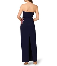 Aidan Mattox Strapless Beaded Floral Crepe Column Gown