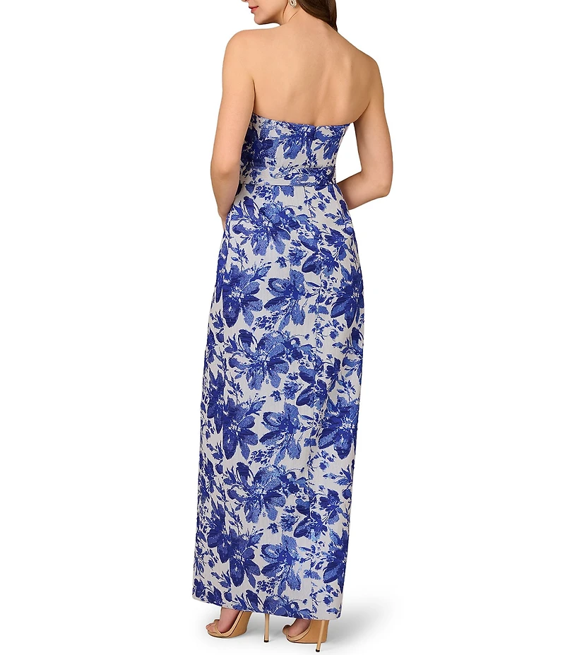 Aidan Mattox Strapless Floral Print Jacquard Side Ruched Column Gown