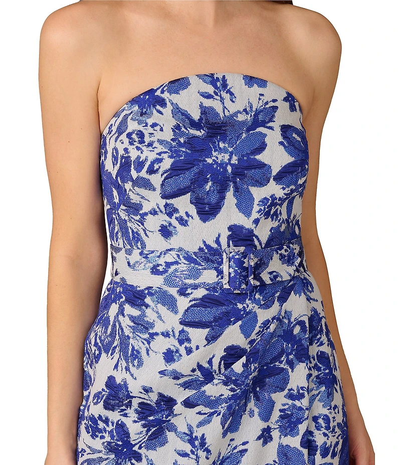 Aidan Mattox Strapless Floral Print Jacquard Side Ruched Column Gown