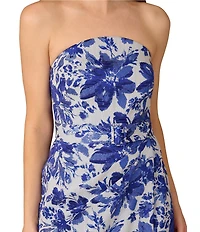 Aidan Mattox Strapless Floral Print Jacquard Side Ruched Column Gown