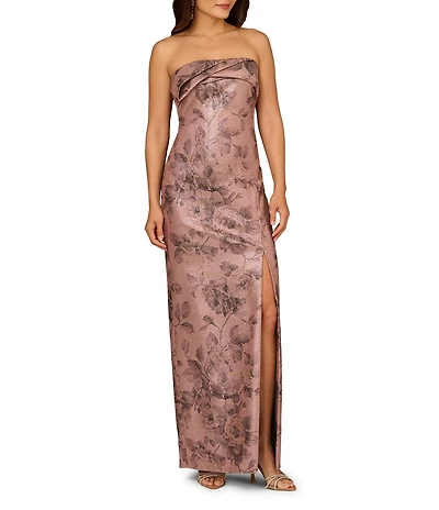 Aidan Mattox Strapless Metallic Print Jacquard Gown With Draped Bodice