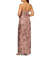 Aidan Mattox Strapless Metallic Print Jacquard Gown With Draped Bodice