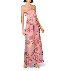 Aidan Mattox Strapless Pleated Waist Floral Printed Jacquard Sheath Gown