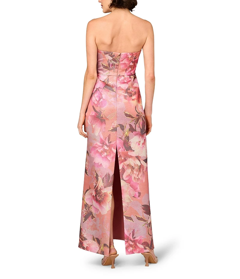 Aidan Mattox Strapless Pleated Waist Floral Printed Jacquard Sheath Gown