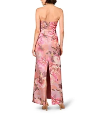 Aidan Mattox Strapless Pleated Waist Floral Printed Jacquard Sheath Gown