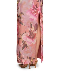 Aidan Mattox Strapless Pleated Waist Floral Printed Jacquard Sheath Gown