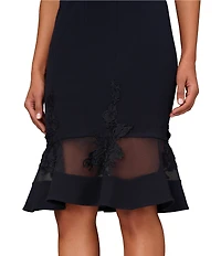 Aidan Mattox Stretch V-Neck Cap Sleeve Flounce Floral Mesh Insert Sheath Dress
