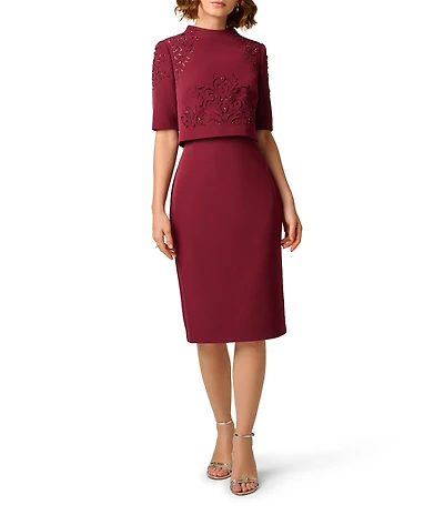 Aidan Mattox Stretch Crepe Mock Neck Short Sleeve Sheath Dress