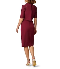 Aidan Mattox Stretch Crepe Mock Neck Short Sleeve Sheath Dress