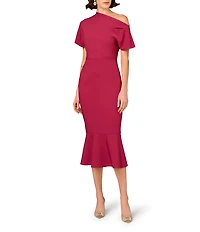 Aidan Mattox Stretch Crepe One-Shoulder Short Sleeve Flared Hem Dress