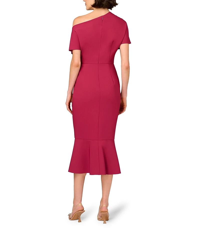 Aidan Mattox Stretch Crepe One-Shoulder Short Sleeve Flared Hem Dress