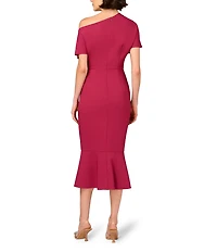 Aidan Mattox Stretch Crepe One-Shoulder Short Sleeve Flared Hem Dress