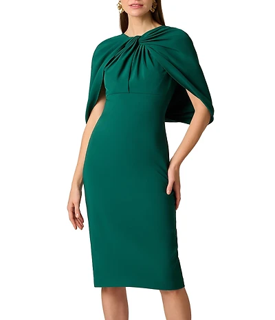 Aidan Mattox Stretch Crepe Pleated Back Cape Midi Dress