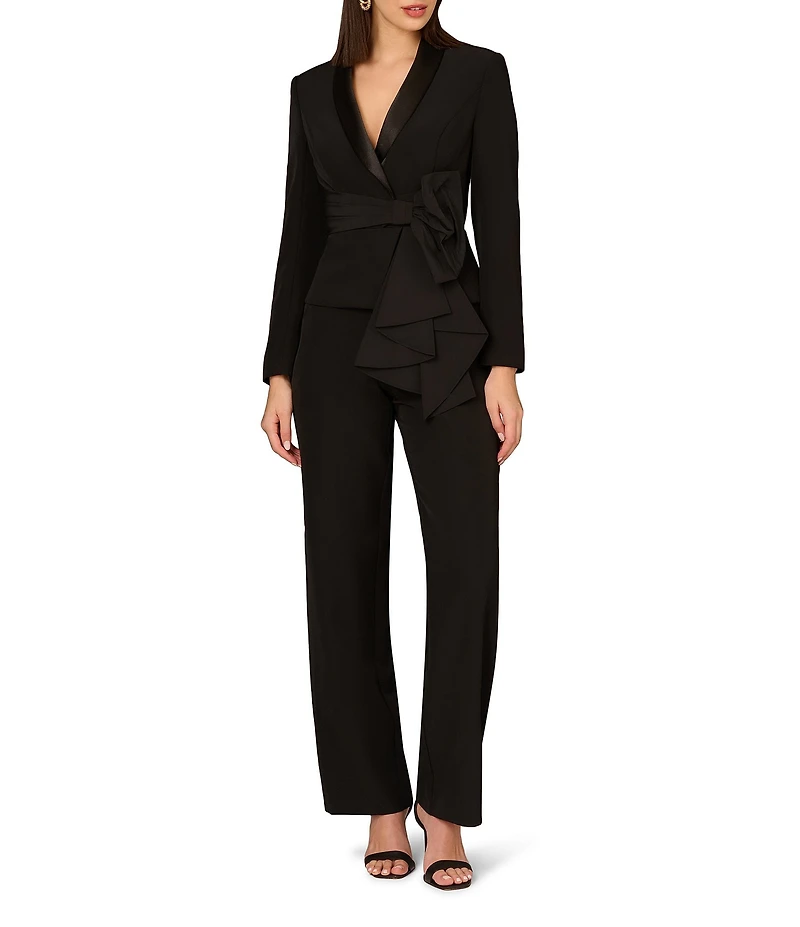 Aidan Mattox Stretch Crepe Shawl Collar Wide Leg Taffeta Bow Drape Jumpsuit