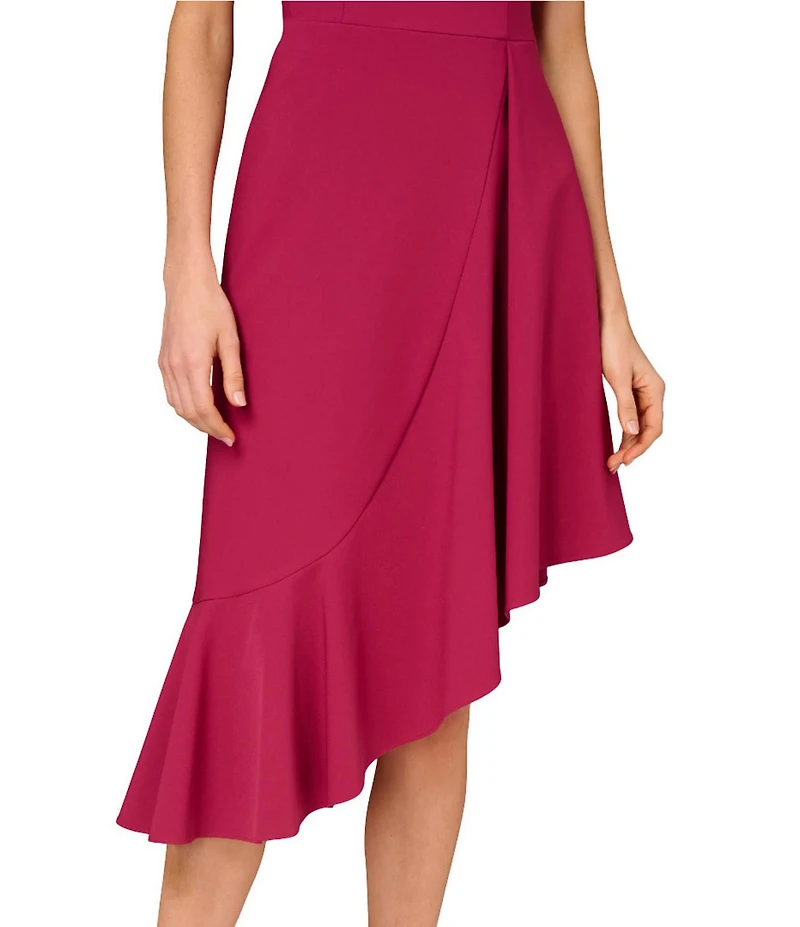 Aidan Mattox Stretch Crepe Square Neck Ruffle Asymmetrical A-Line Midi Dress