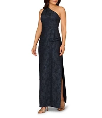 Aidan Mattox Stretch Jacquard One Shoulder Neck Sleeveless Bow Waist Column Dress