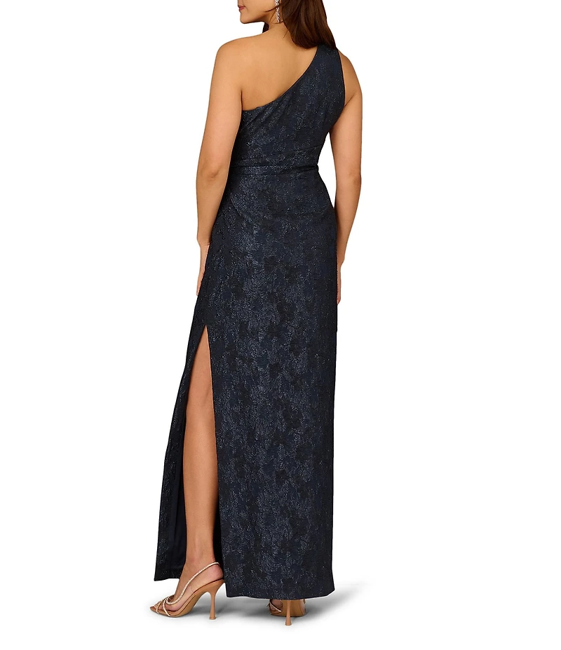 Aidan Mattox Stretch Jacquard One Shoulder Neck Sleeveless Bow Waist Column Dress