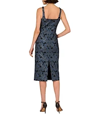Aidan Mattox Stretch Jacquard Square Neck Pleated Sheath Midi Dress