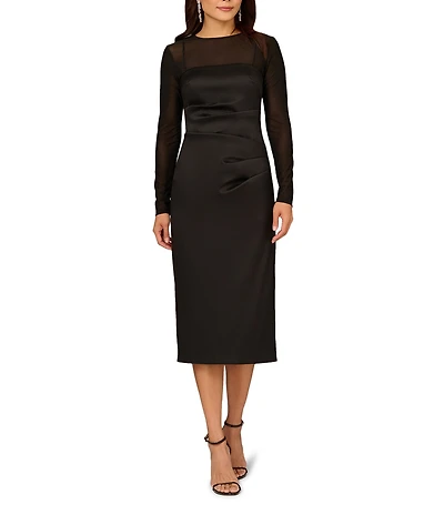 Aidan Mattox Stretch Mikado Illusion Crew Neck Long Sleeve Sheath Midi Dress