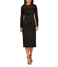 Aidan Mattox Stretch Mikado Illusion Crew Neck Long Sleeve Sheath Midi Dress