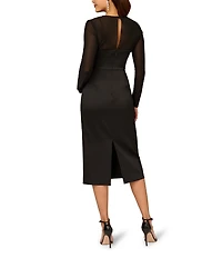 Aidan Mattox Stretch Mikado Illusion Crew Neck Long Sleeve Sheath Midi Dress