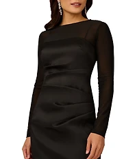 Aidan Mattox Stretch Mikado Illusion Crew Neck Long Sleeve Sheath Midi Dress
