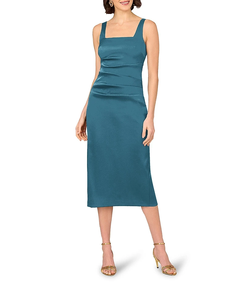 Aidan Mattox Stretch Mikado Square Neck Sheath Midi Dress