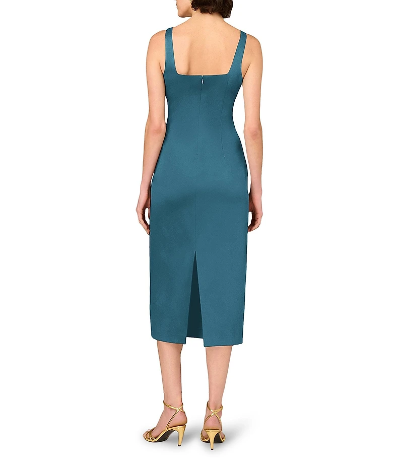 Aidan Mattox Stretch Mikado Square Neck Sheath Midi Dress