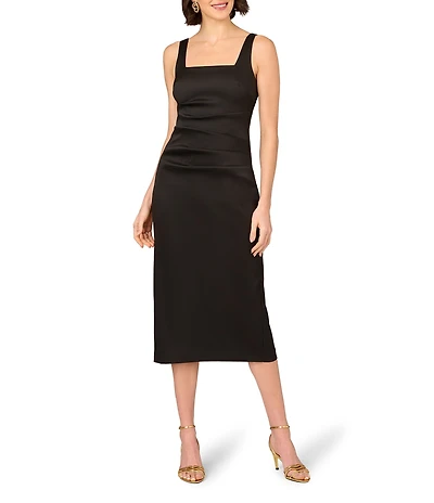 Aidan Mattox Stretch Mikado Square Neck Sheath Midi Dress