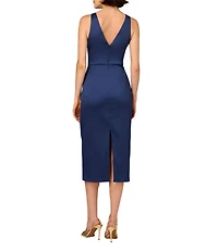 Aidan Mattox Stretch Mikado V-Neck Beaded Sheath Midi Dress