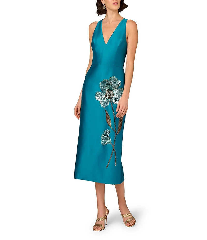 Aidan Mattox Stretch Mikado V-Neck Beaded Sheath Midi Dress