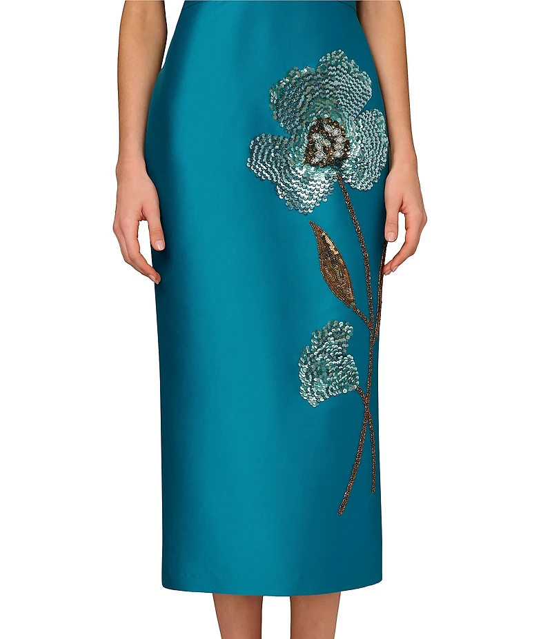 Aidan Mattox Stretch Mikado V-Neck Beaded Sheath Midi Dress