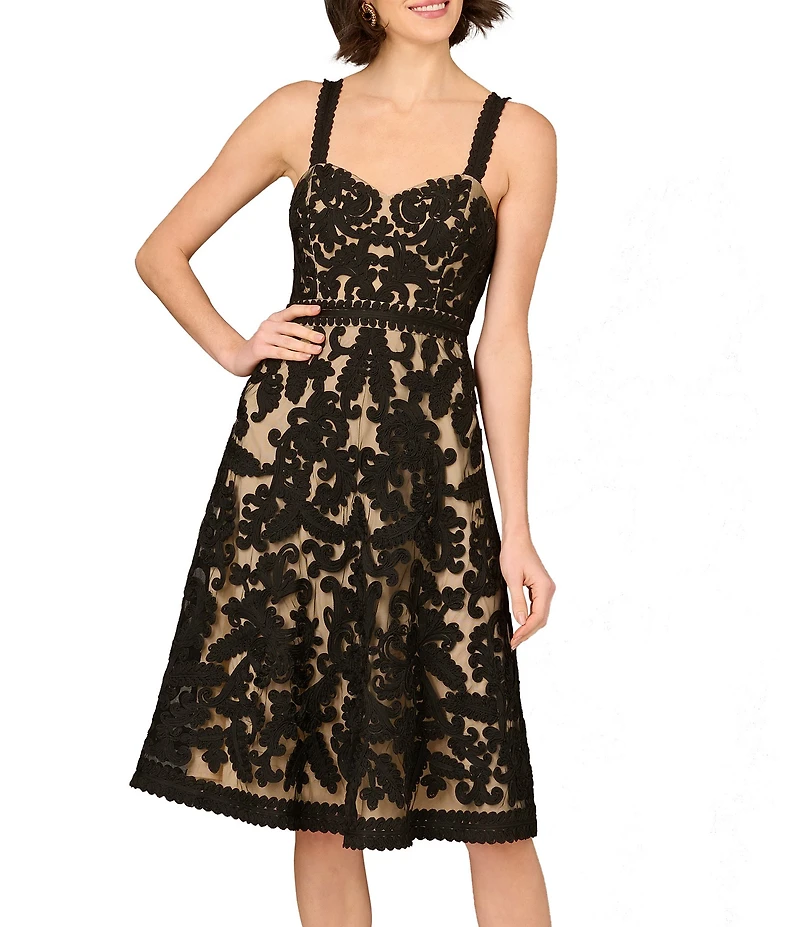 Aidan Mattox Sweetheart Neck Embroidered A-Line Midi Dress