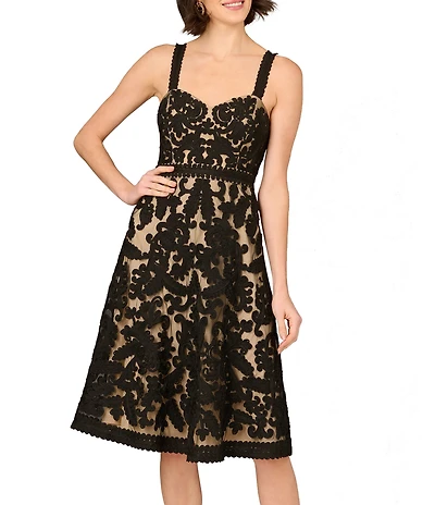 Aidan Mattox Sweetheart Neck Embroidered A-Line Midi Dress