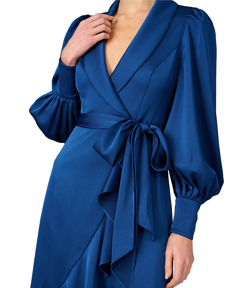 Aidan Mattox V-Neck Bishop Sleeve Asymmetrical Ruffle Hem Wrap Dress