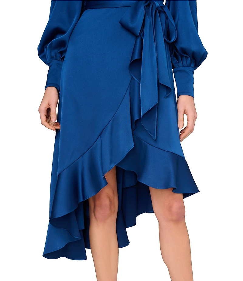 Aidan Mattox V-Neck Bishop Sleeve Asymmetrical Ruffle Hem Wrap Dress